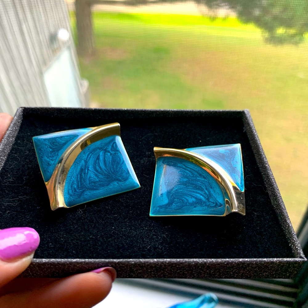 Vintage 80’s Earrings Blue and Gold Wavy Squares - Picture 2 of 3